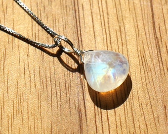 Rainbow Moonstone Necklace - Blue Moonstone Pendant - Teardrop Moonstone Charm - Small June Birthstone Birthday Gift - Everyday Wear Jewelry