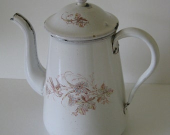 White French Enamelware Coffee Pot Vintage Floral Motif