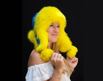 Ukrainian Dyed Fox Fur Bomber Hat (649-G16061302)