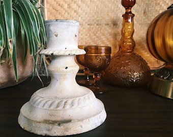 Vintage White Washed Candlestick Holder, Made in India