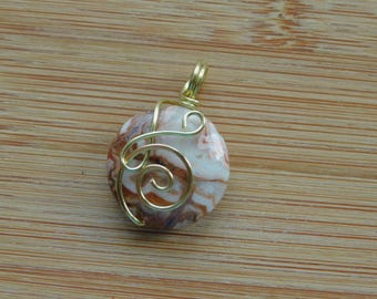 Crazy Lace Agate 20mm Coin bead Wire Wrapped in Bare Yellow Brass Wire Wrapped Jewelry Handmade