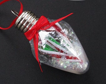 Christmas Bulb Ornament w/ Green, Red and White Peppermint Sticks - Christmas Tree Ornament - Christmas Decoration - Ornament Exchange Gift