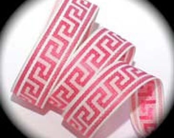 Greek Key Ribbon 1" x 3 yards Hot Pink and White