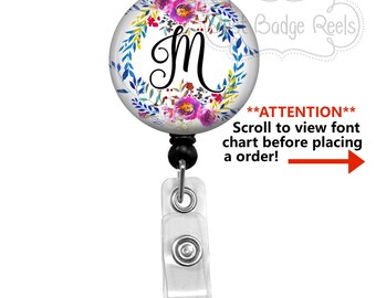 Retractable Badge Holder - Floral Badge Reel - Pink & Blue Floral Monogram Badge Holder - Retractable Badge Reel - Initial Badge Reel - 0172
