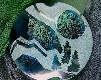 Lampwork Focal Bead SRA "Bold Landscape Window II" Handmade Faceted Sandblasted Faceted Dichroic Glass Bead with Iridescent Lustre Sea Tones