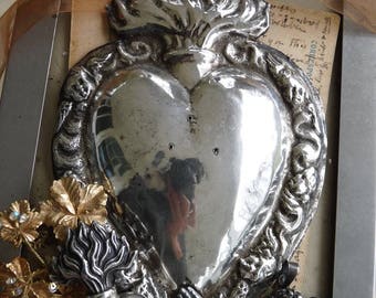 Antique French Heart of Mary, Religious Ex Voto Sacred Flaming Heart, offered by RusticGypsyCreations