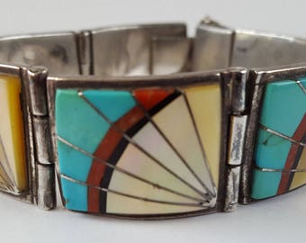 Vintage Southwest Sterling Inlay Bracelet, Zuni Turquoise, Mother of Pearl, Coral, Panel Bracelet, Signed Sunburst Sterling