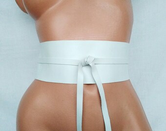 White Leather Obi belt Women's belt Off white Cowhide leather soft genuine leather Cinch double wrap Black leather belt