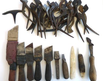 42 book binding leather saddle maker cobbler tools antique vintage cutters shapers steel wood brass bone hand