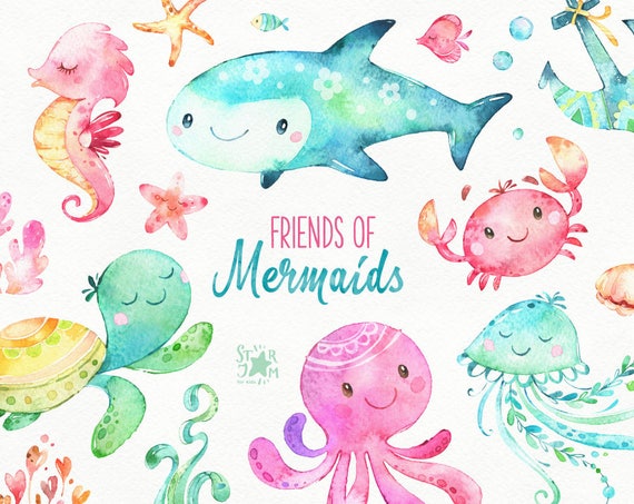 Friends Of Mermaids. Watercolor clip art fish jellyfish