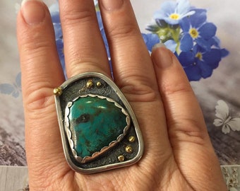 Persian Turquoise Sterling Silver Statement Ring with 22ct gold accents