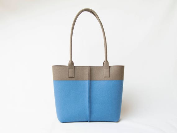 Wool Felt TOTE BAG blue and taupe / bicolor tote bag / womens bag / felt shoulder bag / carry all bag / blue bag / made in Italy