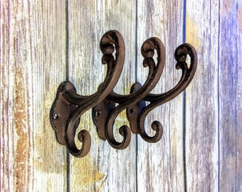 3 antique coat hooks, rustic wall hooks, cast iron hook, towel hook, vintage hook, hat hook, key hook, antique hardware, shabby chic hooks