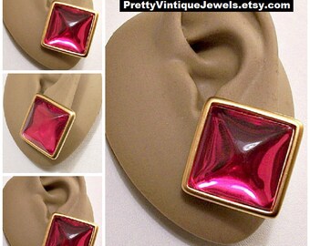 Monet Red Pink Square Pierced Stud Earrings Gold Tone Vintage Large Domed Clear Center Rimmed Extended Edges Surgical Steel Posts