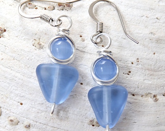 Gift for Her, Blue Glass Earrings, Modern Jewelry, Geometric Earrings, Boho Earrings, Glass Earrings, Casual Wear, Light Earrings
