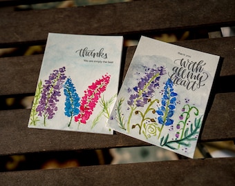 Hand Painted, Custom Designed Floral Thank You Cards. Set of 2