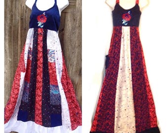 Red white blue patchwork dress, Hippie Patchwork spinner dress, Rose Dress, Handmade Maxi Sun Dress, women's sun dress plus size clothing