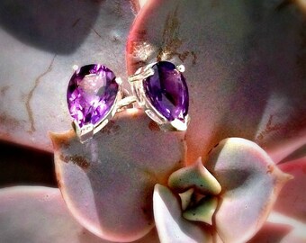 Amethyst Stud Earrings On Sterling Silver - FEBRUARY BIRTHDAY - Gift For Her