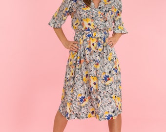 Vintage Gray And Yellow Floral Belted Dress (Size Large)
