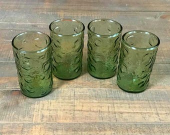 Vintage Orange Juice Glasses, Set of Four, Green Crater, Breakfast Glasses