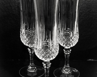 Cristal D'Arques Heavy Lead Crystal Champagne Glasses,Set of 6,Longchamp Pattern Goblets,Made in France,Fancy Stemware,Vintage Stemware