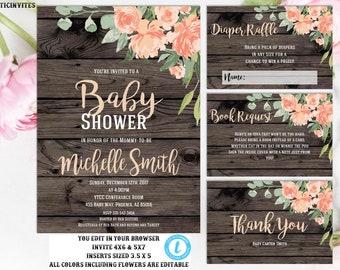 RUSTIC Baby Shower Invitation, Flower Baby Shower Invitation, Baby Shower Template, Country Baby Shower, Rustic Floral Baby, You Edit, DIY