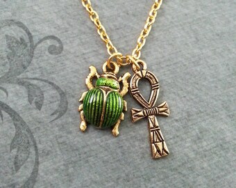 Ankh Necklace SMALL Ankh Jewelry Egyptian Necklace Egyptian Jewelry Scarab Necklace Gold Necklace Green Scarab Beetle Bridesmaid Necklace