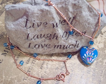 Hand Painted Glass Heart and Copper Necklace OOAK