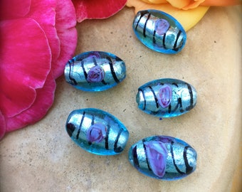 BLUE FOIL with PINK Rose Beads-Barrel Shaped Blue Glass over Silver Foil Beads-Blue and Pink with Black Stripe-Floral Beads-Abstract-Focal