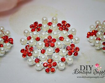 25mm Large Pearl buttons flatbacks Red Rhinestone buttons Crystal Buttons Big Pearl flower centers Bridal accessories 800068