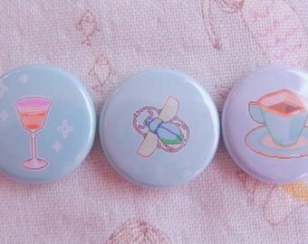 art deco can badges feat. pixel art by bitmapdreams
