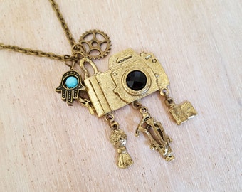 Vintage Style Camera Necklace, Necklace with Camera, Steampunk Necklace with Hamsa Hand