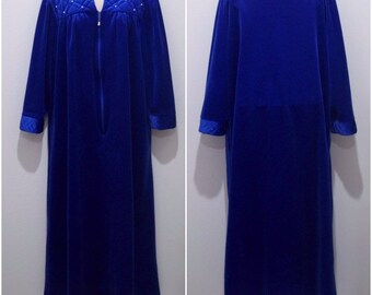 Vintage Tiffany Loungewear Robe Womens Medium Housecoat Indigo Zip-Up #1739