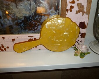 Large Vintage Golden Honey Yellow Celluloid Hand Mirror 1930's-1940's