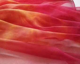 Hand Painted Chiffon Silk Scarf in Red, Plum and Golden Yellow