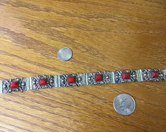 Vintage Sterling Mexican Coral Panel Bracelet