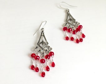 Silver Earrings / Chandelier Earrings / Handmade Jewelry / Unique Jewelry / Teardrop Earrings / Gifts for Her / Red Crystal Earrings