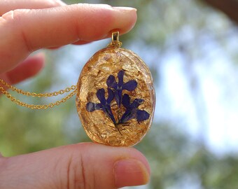 Real Flower Pendant Real Flower Resin Necklace Blue Lobelia Flower Jewelry Blue and Gold Necklace Something Blue Jewelry Romantic Gift