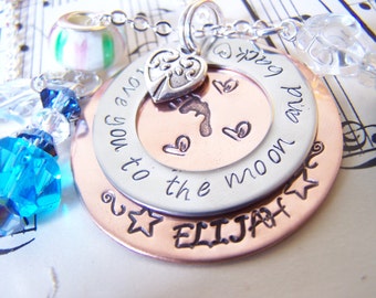 Valentines Gift For Mom, I love you to the moon and back hand stamped neckalce, Mixed Metal Mommy Necklace, I love you more jewelry