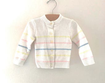 Vintage Baby Sweater, Spring Baby Sweater, Pastel Baby Cardigan, Vintage White Sweater, Size 12m