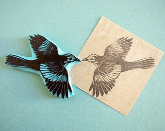 Mockingbird rubber stamp, hand carved, bird stamp, flying bird, textile stamping idea, DIY stamping