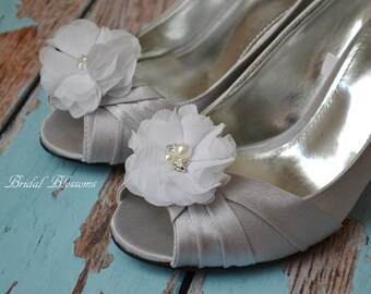 White Chiffon Flower Shoe Clips | Pearl Rhinestone | Wedding Bridal Accessories | Shoe Flowers | Bridal Bridesmaid Gifts