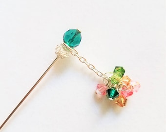 Pink and Green Swarovski Crystal Hat Pin or Stick Pin or Hijab Pin