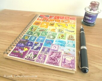 Recycled Rainbow Travel Journal, Hippie Notebook Diary, Bullet Journal, Monthly Planner | Upcycled Postage Stamp Art | LGBT Writer Gift