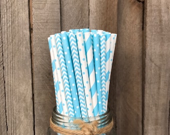 100 Light Blue Combo Pack Vintage Paper Straws, Striped Straws, Baby Shower, Easter, Birthday Party, Vintage Striped Straws, Free Shipping!