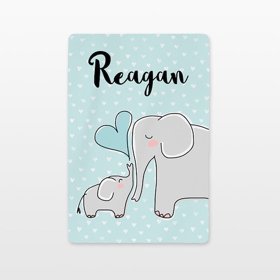 Elephant Baby Blanket Personalized Name Custom Baby Boy Throw Plush Minky Soft Fleece Kids New Baby Gift Idea Cute Animal Gray Aqua Blue