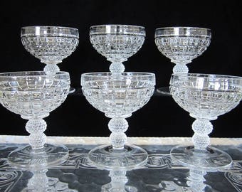 Heisey Victorian 6-Pc Champagne Coupe Set Vintage Set Modern Tall Sherbet Glass 1930s Art Deco Design Sculpted Double Ball Stem 1425 USA
