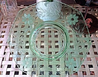 Vintage Green Glass Floral Plate Decorative Accent Shabby Cottage Chic Decor