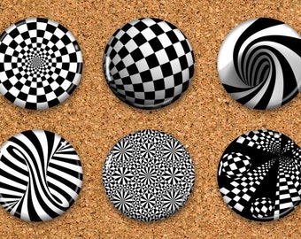 Abstract Thumbtacks, Black White Push Pins, Spiral Magnets, 6 thumbtacks for corkboard, 6 Magnets for Magnetic Whiteboards or fridge 1" size