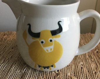 Vintage Arabia Finland Kaj Franck Danish Modern Milk Pitcher with Yellow Bull Design